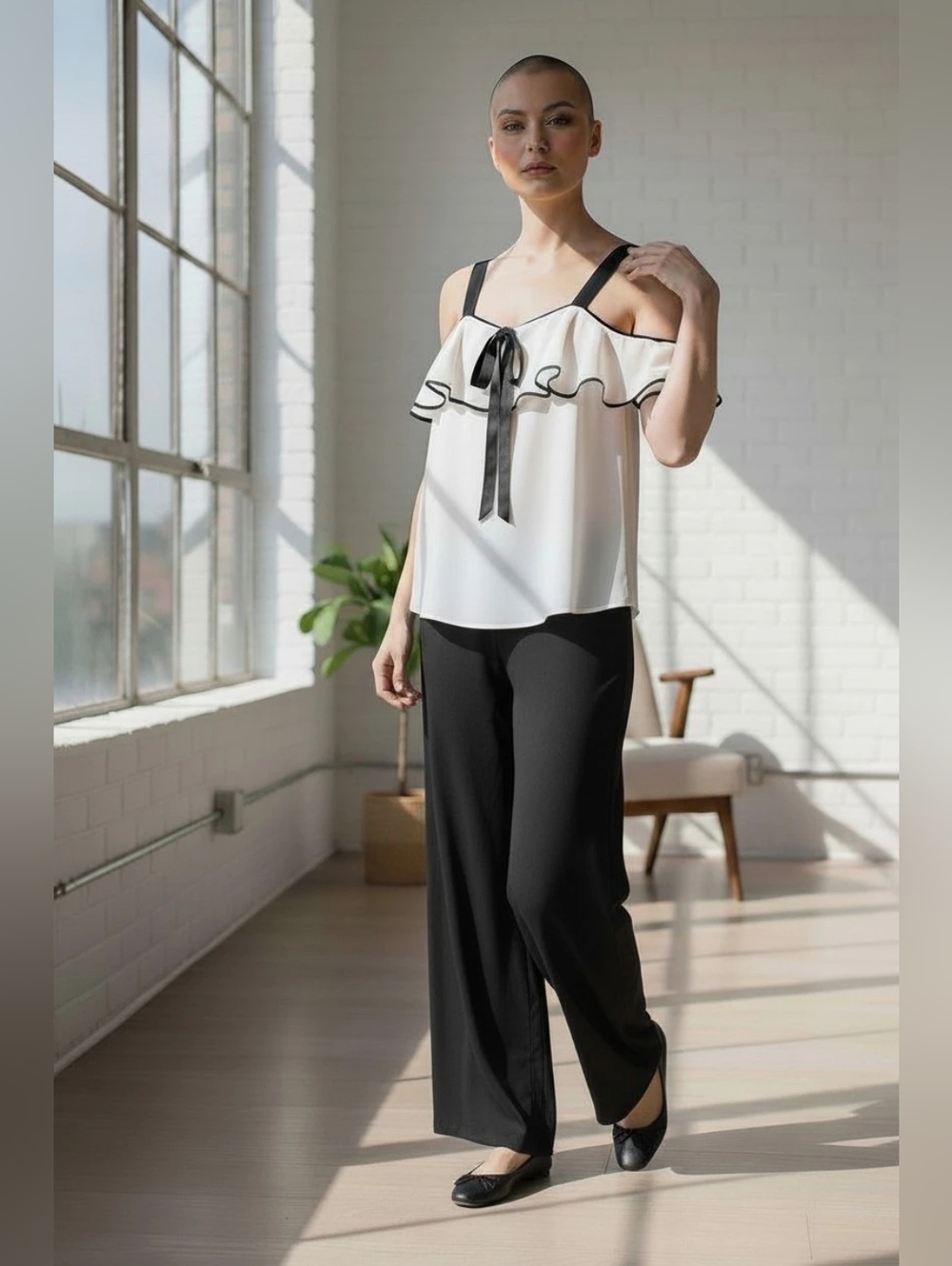 Bisou Bisou White Ruffle Camisole with Black Accents and Front Bow